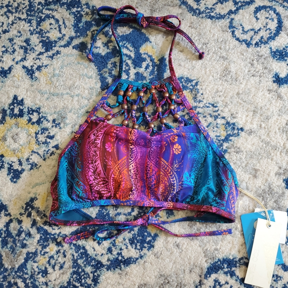 Eco Peace Prism Beaded High Neck Bikini Top Multicolor Floral Paisley S